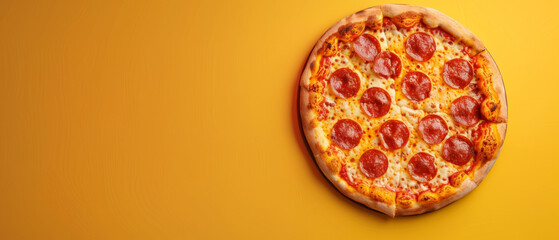 Pepperoni pizza on warm orange background.
