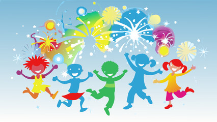 Fototapeta na wymiar Vibrant Celebration: Kids Jumping with Colorful Fireworks on Blue Background