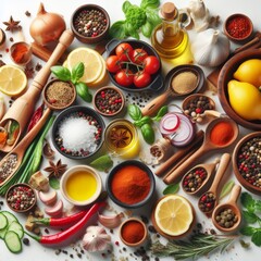 An array of culinary ingredients neatly arranged on a white background, showcasing a variety of colors and textures. This vibrant setup includes fresh herbs, spices, vegetables, and oils essential for