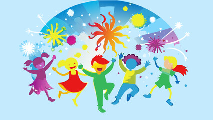 Vibrant Celebration: Kids Jumping with Colorful Fireworks on Blue Background
