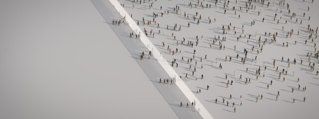Refugees illegally break through a border. Aerial View.