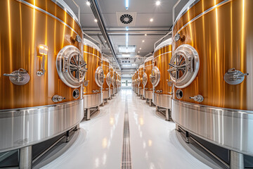 interior of modern brewery factory with fermentation tanks for storage beer