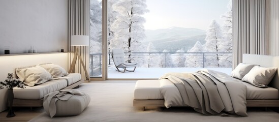 A cozy bedroom with a spacious window that offers a breathtaking view of the snow-capped mountains