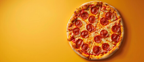 Pepperoni pizza on warm orange background.