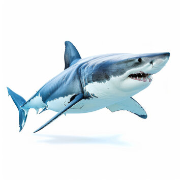 A lifelike illustration of a great white shark, rendered with detailed textures, isolated against a white backdrop.