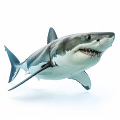 Fototapeta premium A lifelike illustration of a great white shark, rendered with detailed textures, isolated against a white backdrop.