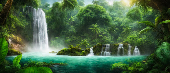 Beautiful veil cascading waterfalls, mossy rocks, blurred water. Generated AI - 764874089