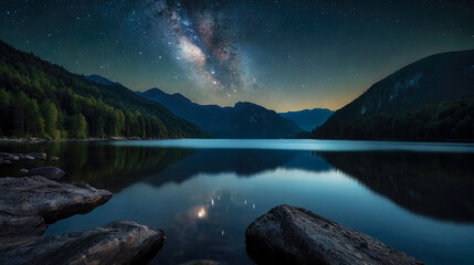 Beautiful night landscape lake, sky and mountains. Generated AI - 764874096
