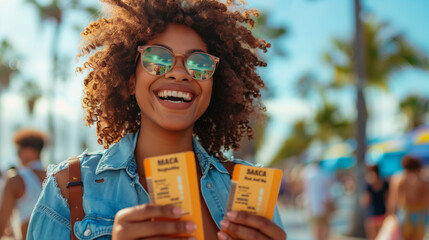 Cheerful woman holding yellow tickets outdoors - obrazy, fototapety, plakaty