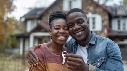 Happy couple is holding a key in front of their new house