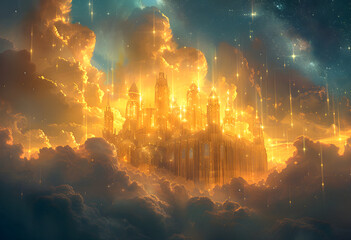 Fototapeta premium Golden city in the sky, Christian illustration of New Jerusalem