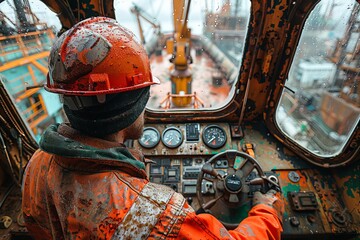 A construction worker, drenched in rain, is seen operating the controls of heavy machinery at a construction site