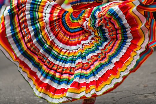 A colorful swirl of a traditional Mexican dress during a festive dance.