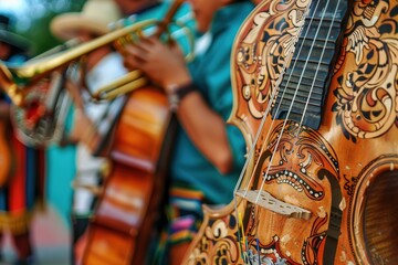 Vibrant Mexican mariachi band with ornate guitar and trumpet.