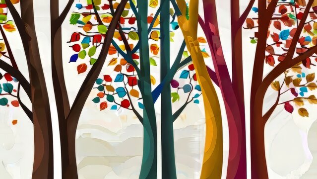 Colorful tree with leaves on hanging branches illustration background. abstraction wallpaper. tree with multicolor leaves