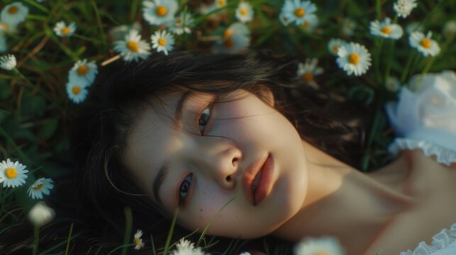 an asiatic woman lying on the grass with daisies