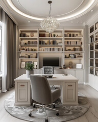 beautiful home office with a white desk, light gray and cream color scheme