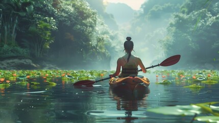 back view of a woman kayaking on the water in summer - obrazy, fototapety, plakaty