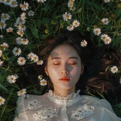a young chineese woman leing calm on the grass in spring