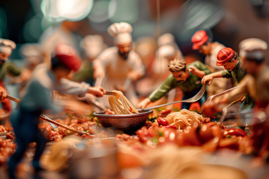 A group of detailed miniature chefs people engaged in preparing the pasta bolognese.
