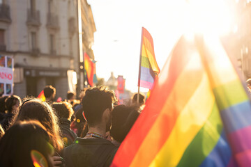 Photo a crowd with lgbt rainbow flags - obrazy, fototapety, plakaty