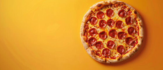 Pepperoni pizza on warm orange background.