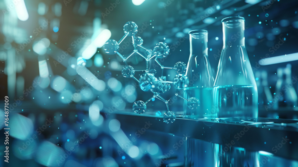 Poster abstract image of chemical glassware and molecular structure in a modern science laboratory setting.