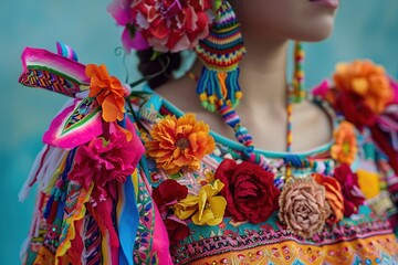 Colorful traditional dress details with vivid flowers and embroidery.