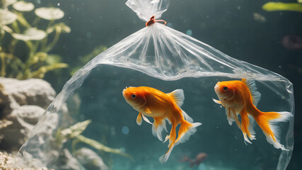 goldfish in  in clear plastic bag in aquarium - Powered by Adobe