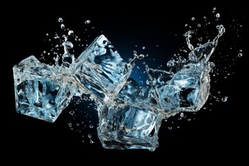 Clear ice cubes falling in motion on black background for cold drink advertisement and marketing