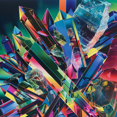 Crystallography. Grown colored crystals, viewed through a microscope.