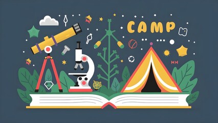 Design of graphic element on science camp with telescope, microscope, science themed graphic elements and a camping tent in the shape of open book
