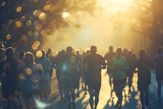 Participants in charity walk/run event with World Health Day bokeh background. Concept Charity Event, World Health Day, Bokeh Background, Walk/Run Participants