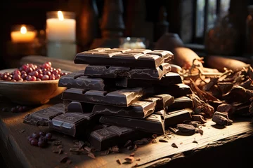 Afwasbaar fotobehang Dark chocolate bars with cocoa grains on the wooden table, generative IA © Gabriel