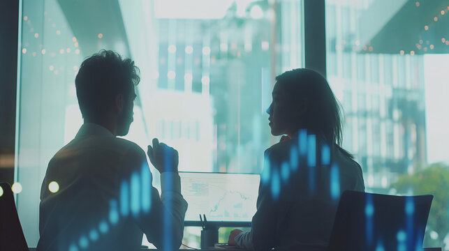 Marketing Hintergrundbild f&uuml;r Banken zur Anlageberatung Hintergrund Personen im Beratungsgespr&auml;ch f&uuml;r Verm&ouml;gensberatung mit Statistik B&ouml;rsenchart am Computer Analagestrategie entwickeln Generative AI