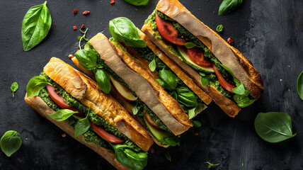 Caprese sandwiches with tomato, mozzarella cheese, nasturtium leaf pesto on a table.  Bazil leaves.