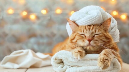 Domestic ginger tabby cat wrapped in a white towel, enjoying a peaceful spa experience with soft, warm lights in the background