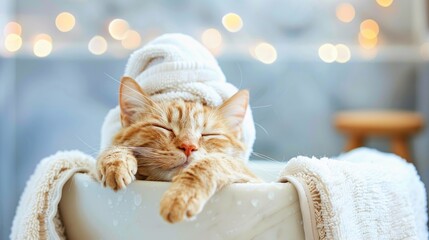 Domestic ginger tabby cat wrapped in a white towel, enjoying a peaceful spa experience with soft, warm lights in the background