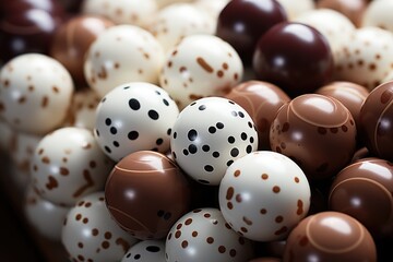 Capture of candy balls made of white and dark chocolate, generative IA