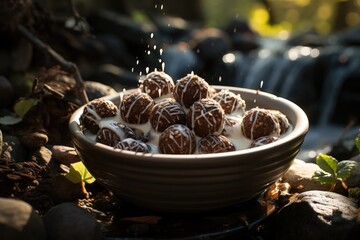 Choco falls with chocoBalls, chocolate bars and caramel in a clay bowl on the wood, generative IA - obrazy, fototapety, plakaty
