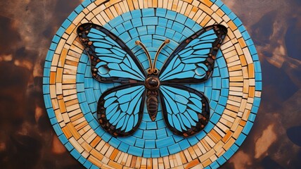 Butterfly made of ceramic tiles on a wall in the park