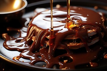 Chocolate dripping on the edge of hot melted chocolate, generative IA