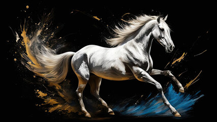 oil painting of a beautiful white stallion galloping on a dark background. a powerful running horse is drawn with large strokes