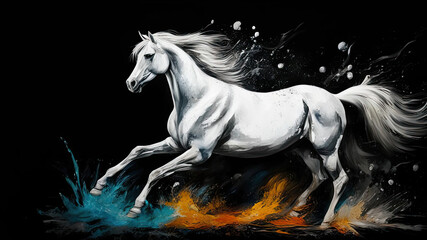 oil painting of a beautiful white stallion galloping on a dark background. a powerful running horse is drawn with large strokes - obrazy, fototapety, plakaty