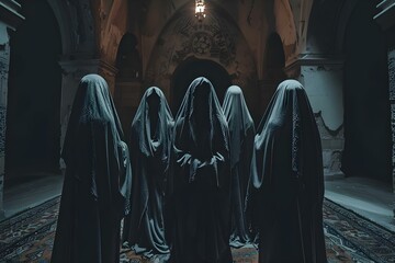 Hooded figures convene in shadowy chamber for clandestine ritual. Concept Gothic Fiction, Secret Societies, Mysterious Gatherings