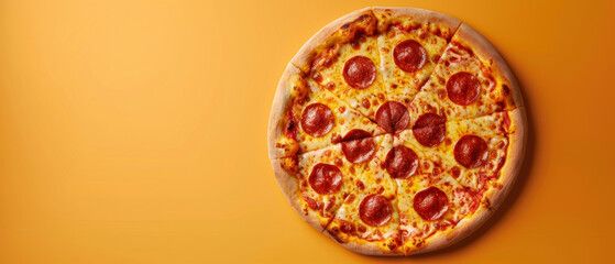 Pepperoni pizza on warm orange background.