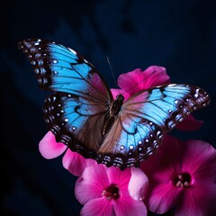 Butterfly with pink flowers on a dark background. Blue butterfly.