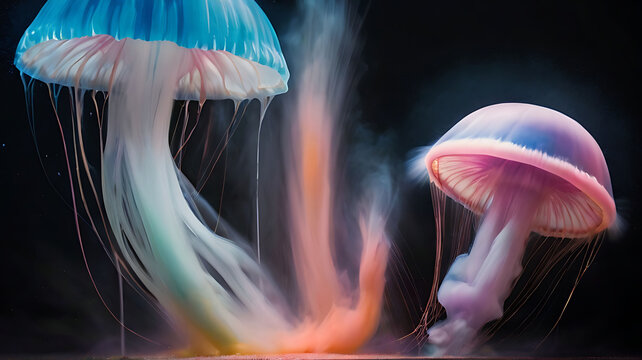jelly fish in aquarium,a painting of jellyfish with purple and blue jellyfish