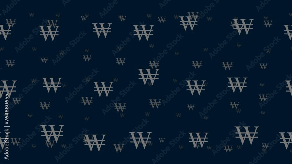 Poster korean won signs float horizontally from left to right. parallax fly effect. floating symbols are lo