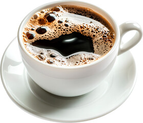 A white cup with coffee without milk on a saucer. Isolated photo with transparent background.